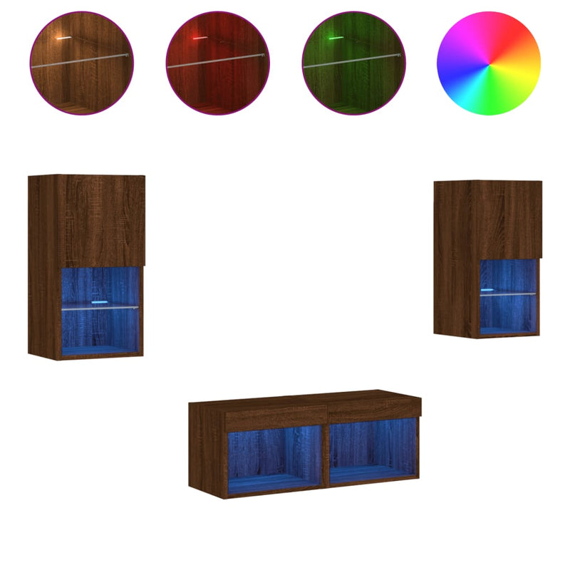 4-delige tv-wandmeubelset met LED-verlichting bruineikenkleurig