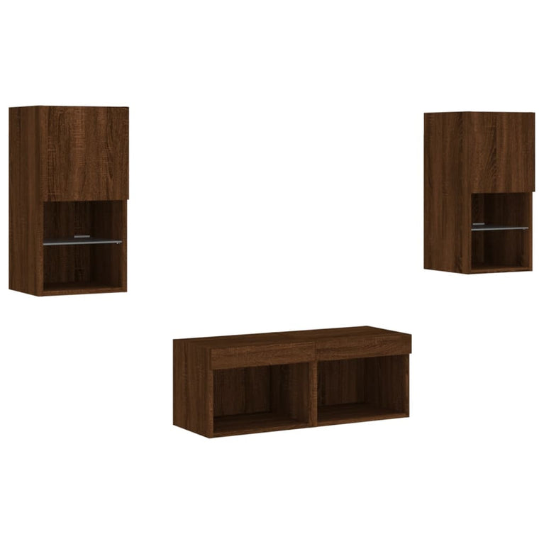 4-delige tv-wandmeubelset met LED-verlichting bruineikenkleurig