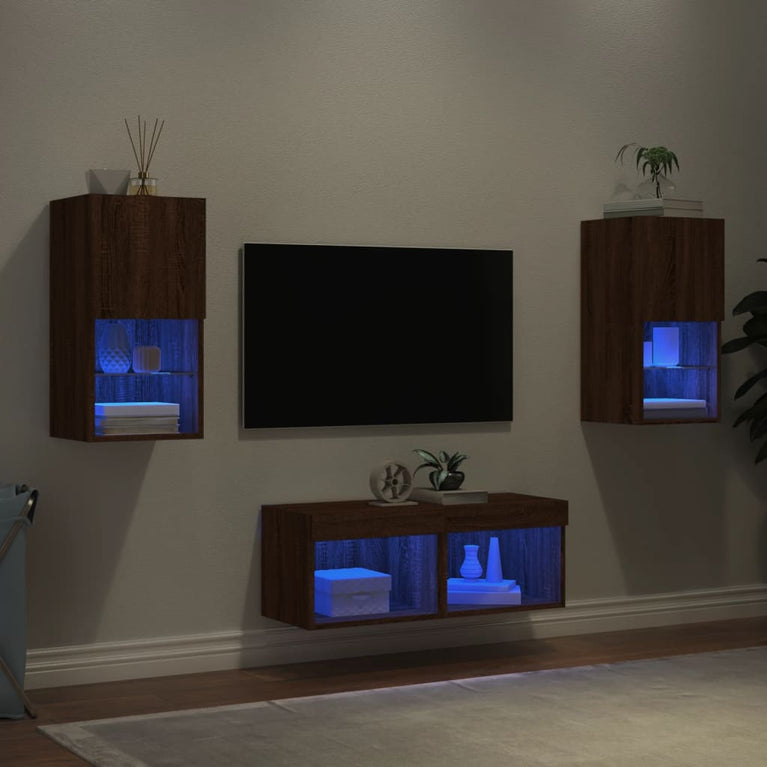 4-delige tv-wandmeubelset met LED-verlichting bruineikenkleurig