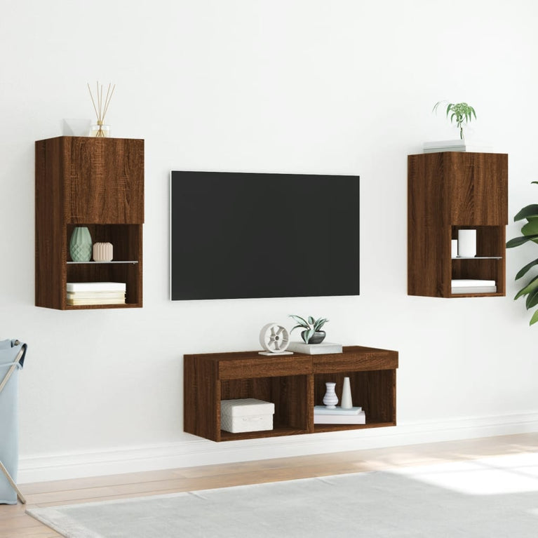 4-delige tv-wandmeubelset met LED-verlichting bruineikenkleurig