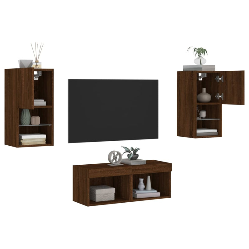 4-delige tv-wandmeubelset met LED-verlichting bruineikenkleurig