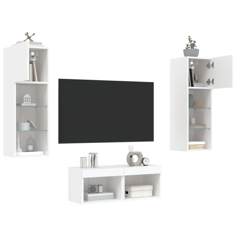 4-delige tv-wandmeubelset met LED-verlichting wit