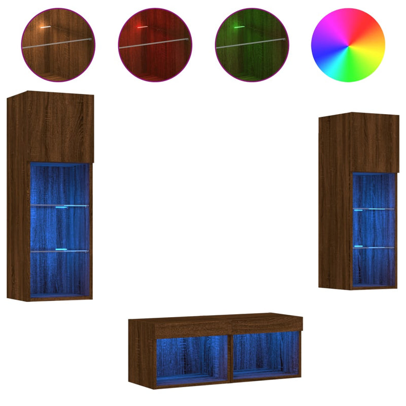 4-delige tv-wandmeubelset met LED-verlichting bruineikenkleurig