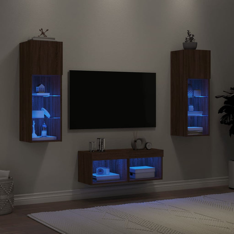 4-delige tv-wandmeubelset met LED-verlichting bruineikenkleurig