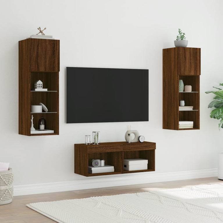4-delige tv-wandmeubelset met LED-verlichting bruineikenkleurig