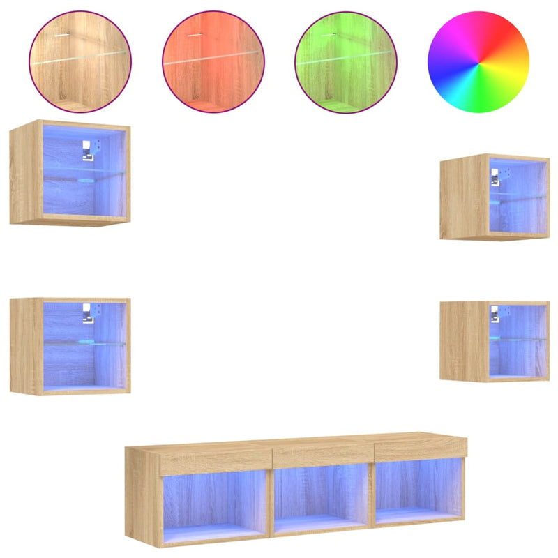 7-delige Tv-wandmeubelset met LED bewerkt hout sonoma eiken