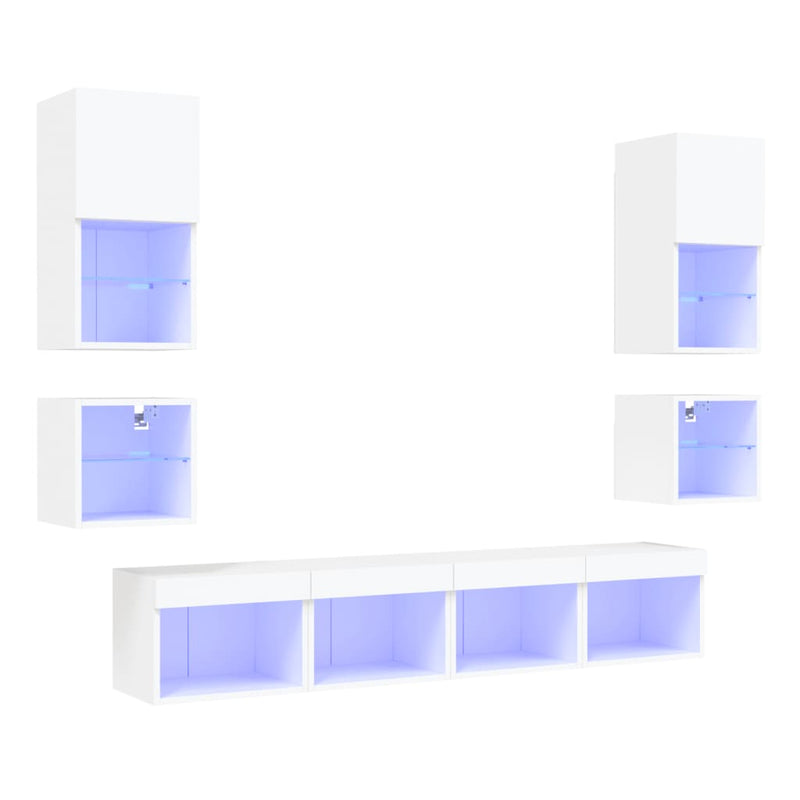 8-delige Tv-wandmeubelset met LED-verlichting bewerkt hout wit
