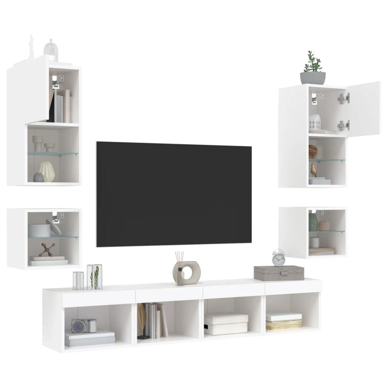 8-delige Tv-wandmeubelset met LED-verlichting bewerkt hout wit