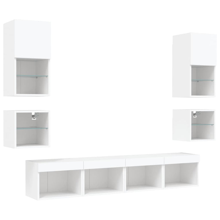 8-delige Tv-wandmeubelset met LED-verlichting bewerkt hout wit