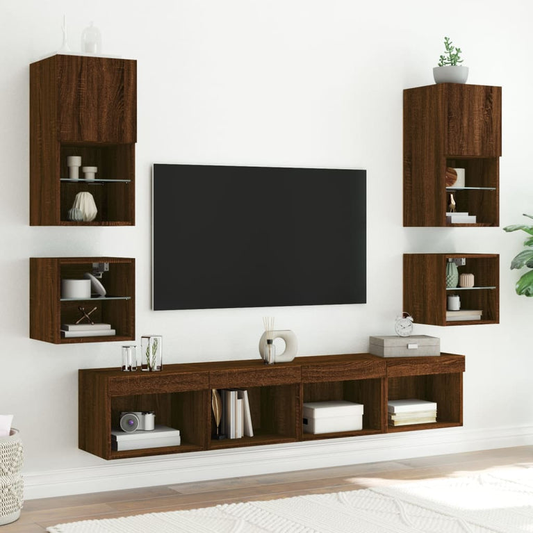 8-delige Tv-wandmeubelset met LED bewerkt hout bruineikenkleur