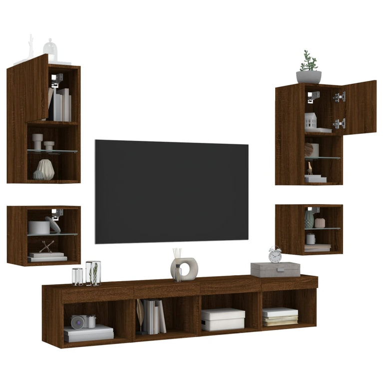 8-delige Tv-wandmeubelset met LED bewerkt hout bruineikenkleur