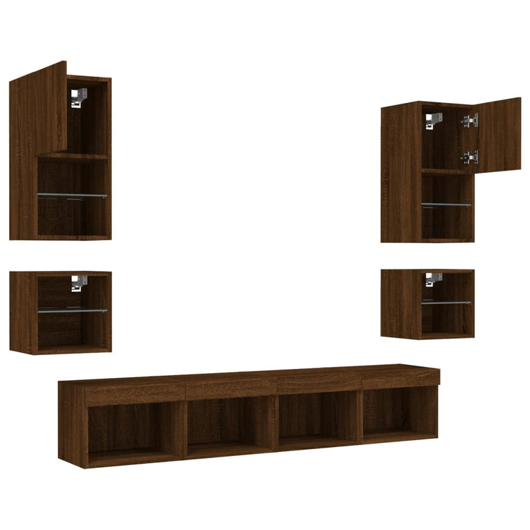 8-delige Tv-wandmeubelset met LED bewerkt hout bruineikenkleur