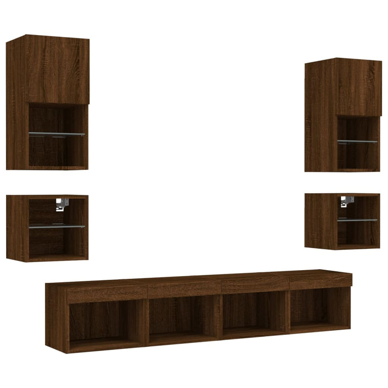 8-delige Tv-wandmeubelset met LED bewerkt hout bruineikenkleur