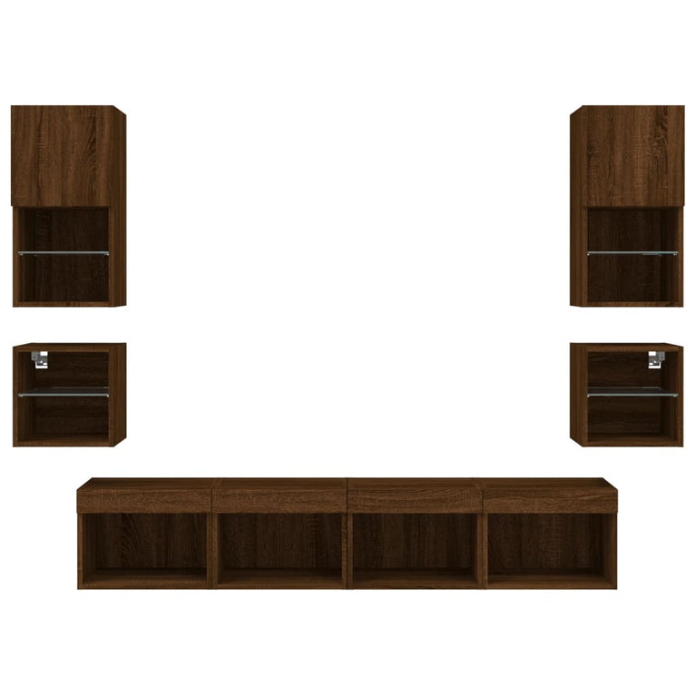8-delige Tv-wandmeubelset met LED bewerkt hout bruineikenkleur