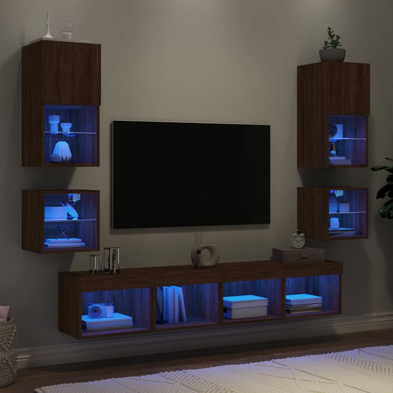 8-delige Tv-wandmeubelset met LED bewerkt hout bruineikenkleur