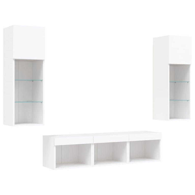 5-delige Tv-wandmeubelset met LED-verlichting bewerkt hout wit