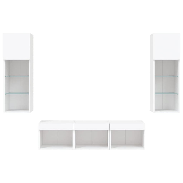 5-delige Tv-wandmeubelset met LED-verlichting bewerkt hout wit