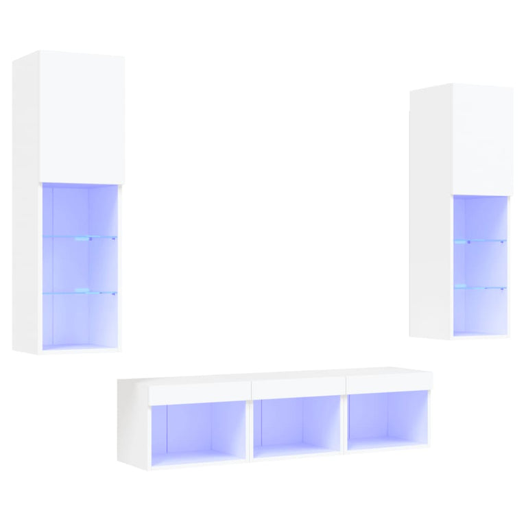 5-delige Tv-wandmeubelset met LED-verlichting bewerkt hout wit