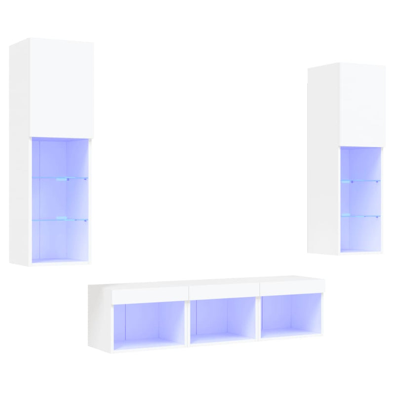 5-delige Tv-wandmeubelset met LED-verlichting bewerkt hout wit