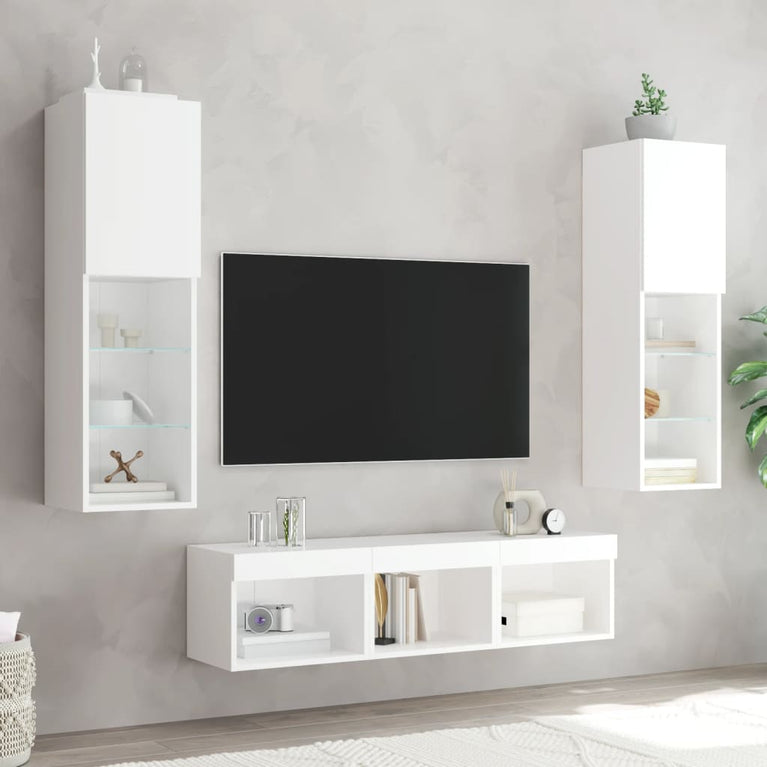 5-delige Tv-wandmeubelset met LED-verlichting bewerkt hout wit