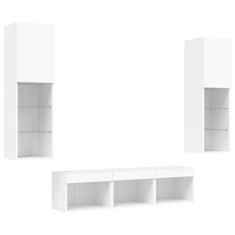 5-delige Tv-wandmeubelset met LED-verlichting bewerkt hout wit