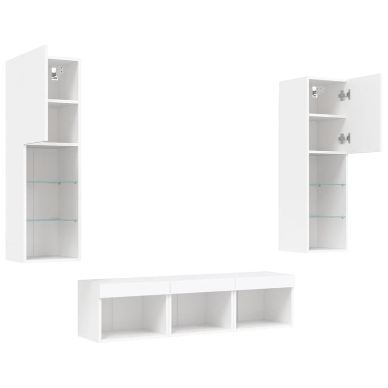 5-delige Tv-wandmeubelset met LED-verlichting bewerkt hout wit