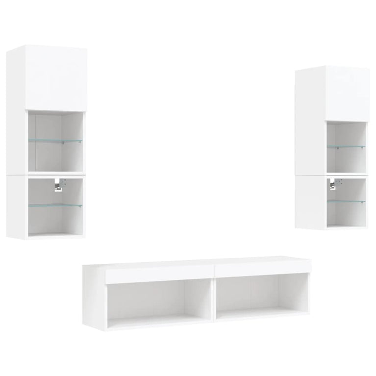 6-delige Tv-wandmeubelset met LED-verlichting bewerkt hout wit