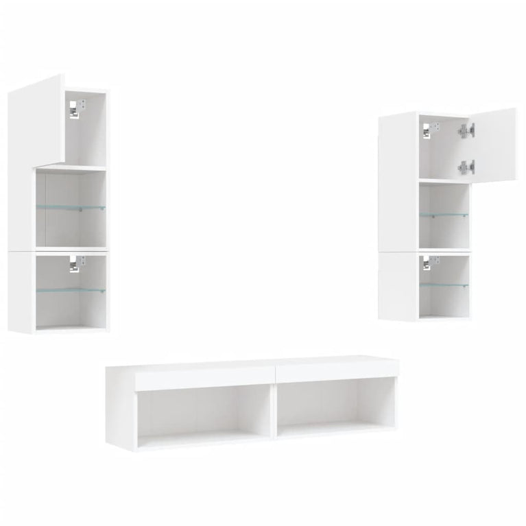 6-delige Tv-wandmeubelset met LED-verlichting bewerkt hout wit