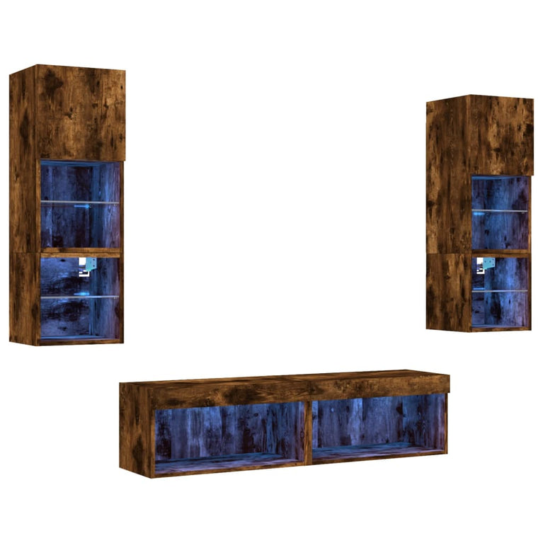 6-delige tv-wandmeubelset met LED bewerkt hout gerookt eiken