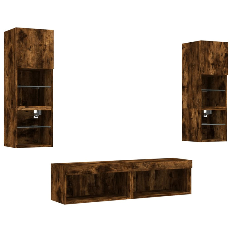 6-delige tv-wandmeubelset met LED bewerkt hout gerookt eiken