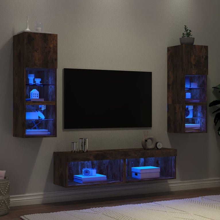 6-delige tv-wandmeubelset met LED bewerkt hout gerookt eiken
