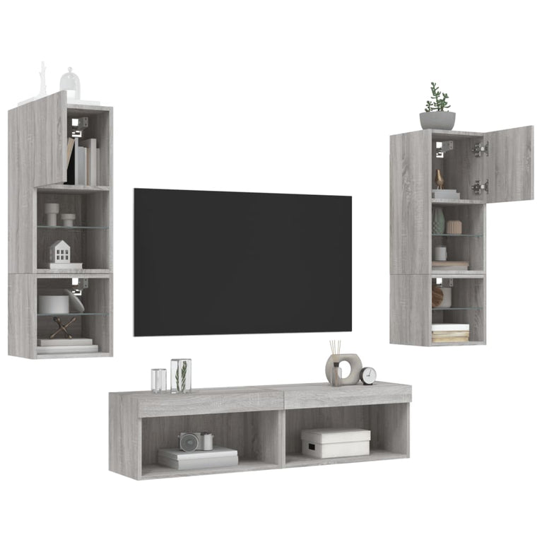 6-delige Tv-wandmeubelset met LED grijs sonoma eikenkleurig