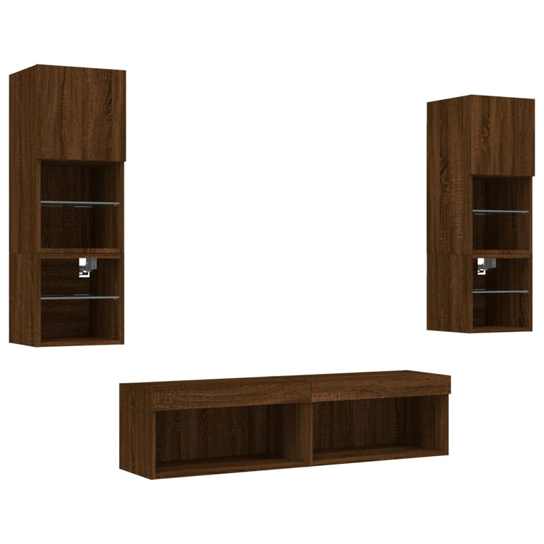 6-delige Tv-wandmeubelset met LED bewerkt hout bruineikenkleur