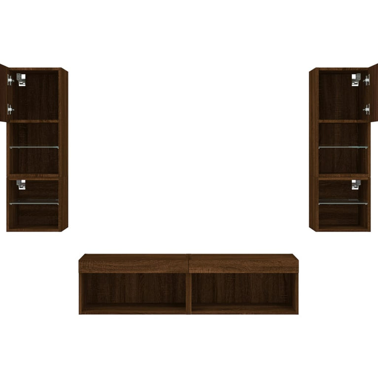 6-delige Tv-wandmeubelset met LED bewerkt hout bruineikenkleur