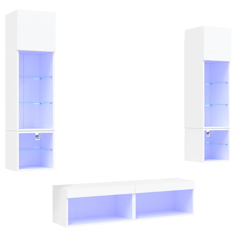 6-delige Tv-wandmeubelset met LED-verlichting bewerkt hout wit