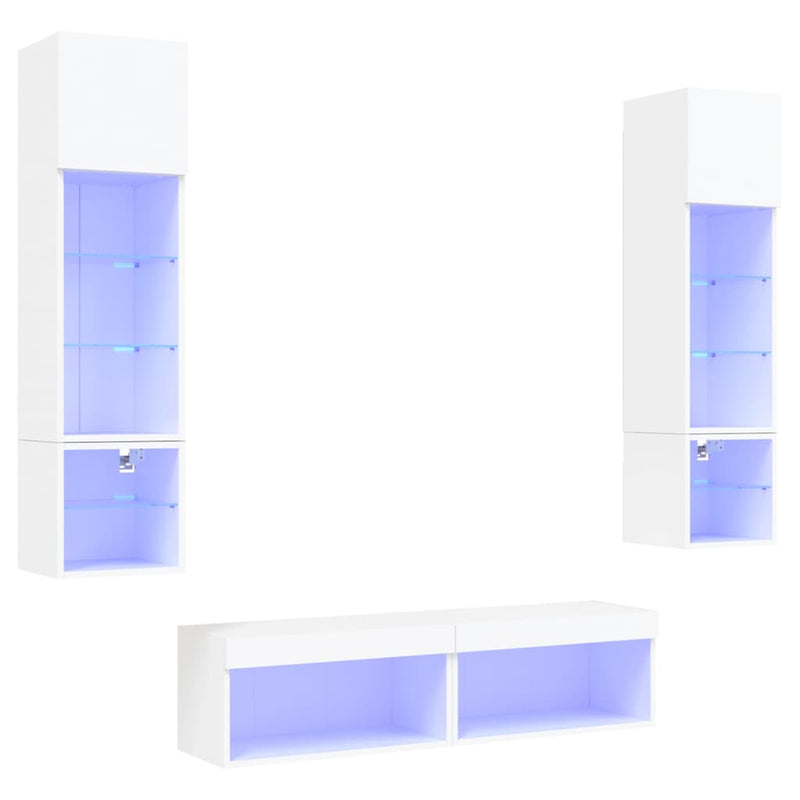 6-delige Tv-wandmeubelset met LED-verlichting bewerkt hout wit