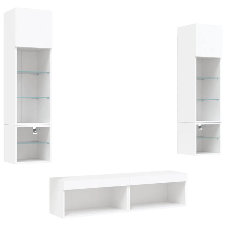 6-delige Tv-wandmeubelset met LED-verlichting bewerkt hout wit