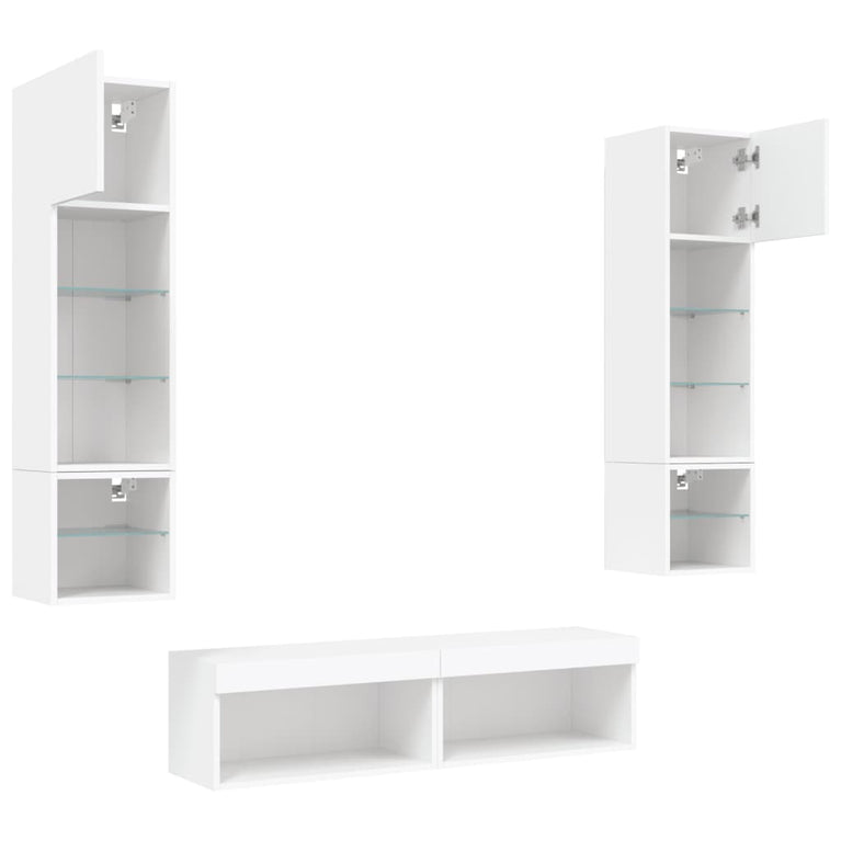 6-delige Tv-wandmeubelset met LED-verlichting bewerkt hout wit