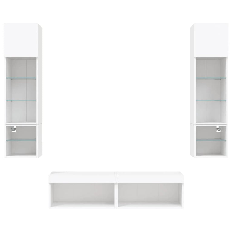 6-delige Tv-wandmeubelset met LED-verlichting bewerkt hout wit