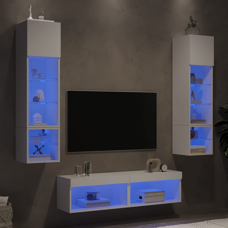 6-delige Tv-wandmeubelset met LED-verlichting bewerkt hout wit