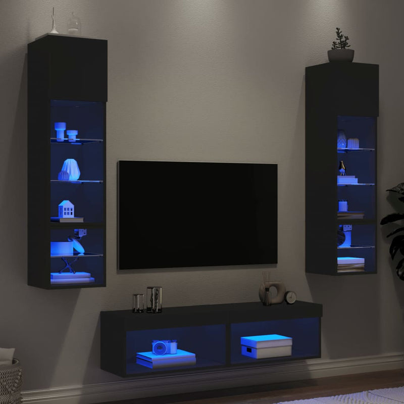 6-delige Tv-wandmeubelset met LED bewerkt hout zwart