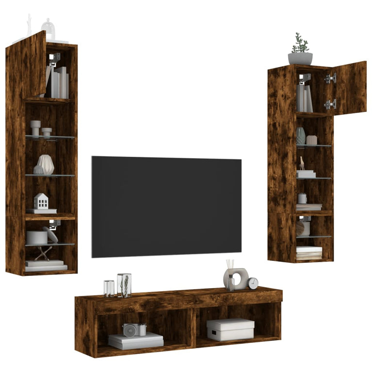6-delige tv-wandmeubelset met LED bewerkt hout gerookt eiken