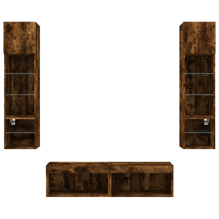 6-delige tv-wandmeubelset met LED bewerkt hout gerookt eiken