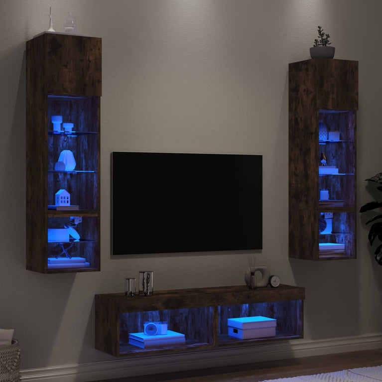 6-delige tv-wandmeubelset met LED bewerkt hout gerookt eiken