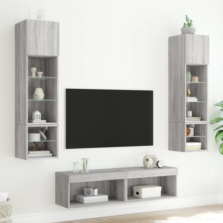 6-delige Tv-wandmeubelset met LED grijs sonoma eikenkleurig