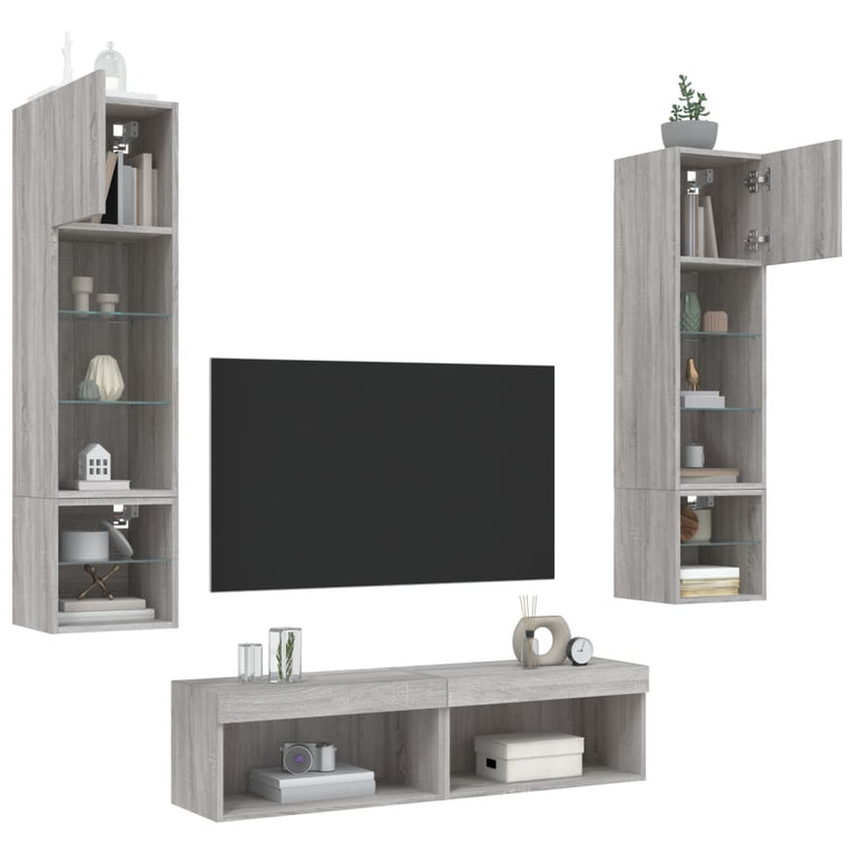 6-delige Tv-wandmeubelset met LED grijs sonoma eikenkleurig