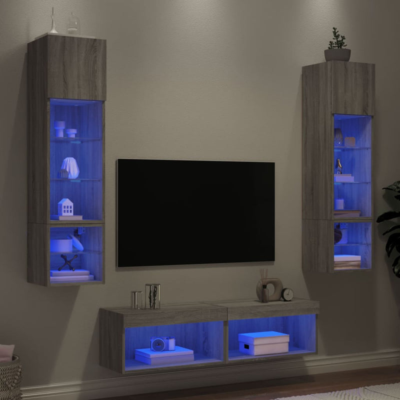 6-delige Tv-wandmeubelset met LED grijs sonoma eikenkleurig