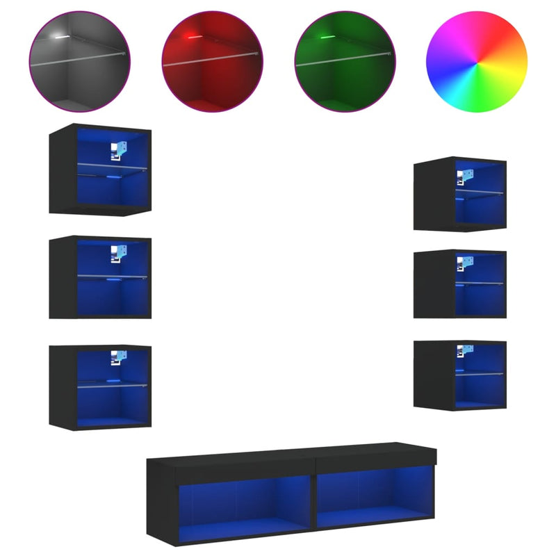 8-delige Tv-wandmeubelset met LED bewerkt hout zwart