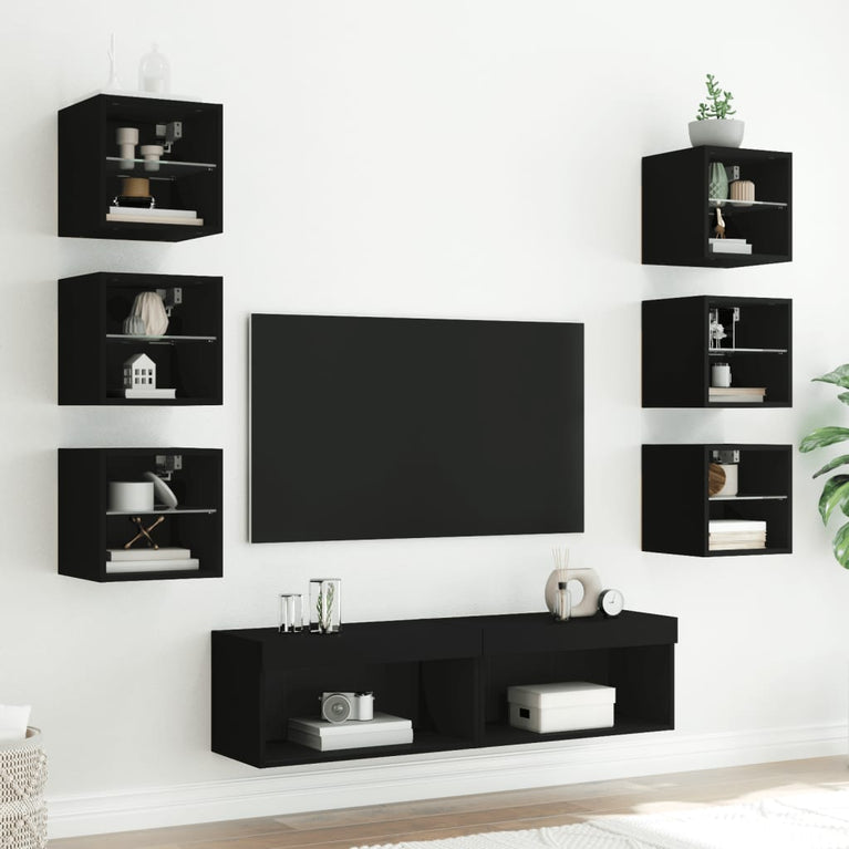 8-delige Tv-wandmeubelset met LED bewerkt hout zwart