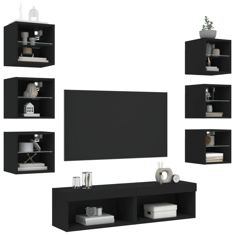 8-delige Tv-wandmeubelset met LED bewerkt hout zwart
